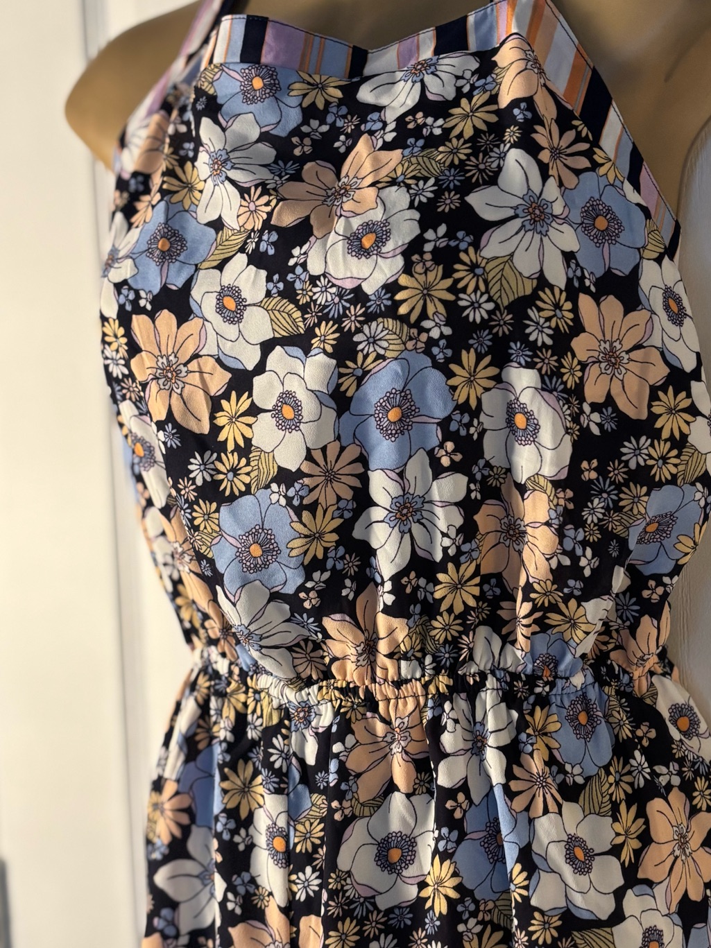 Maurices Floral / Striped-Trim Reversible Romper In Navy, Baby Blue, Peach. (Xl)